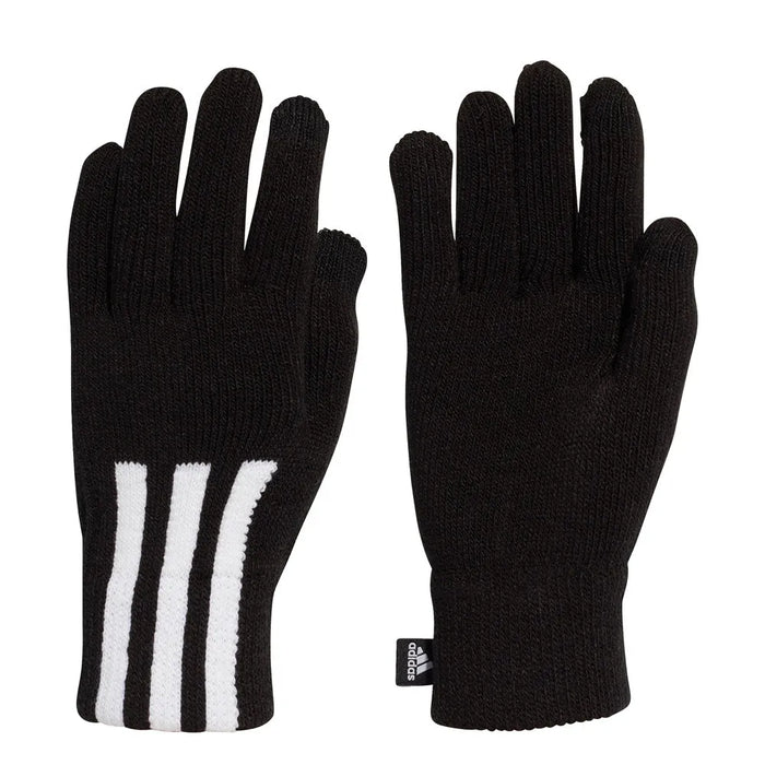 Black Adidas 3-Stripes Conductive Gloves, designed for warmth and touchscreen use, shown on a model's hands.