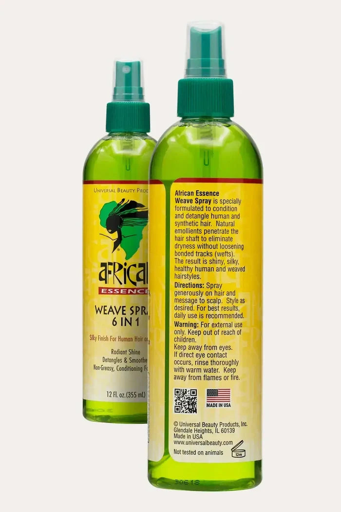 African Essence Weave Spray 6 in 1 lightweight non greasy spray for hair extension maintenance, front and back bottles shown