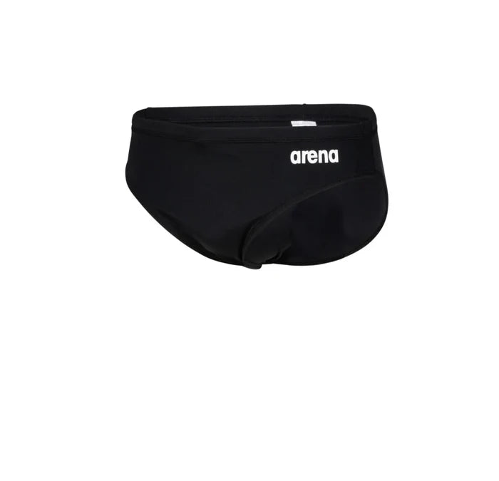 Black Arena men's team swim briefs with a snug fit and solid design, suitable for competitive swimming and training.