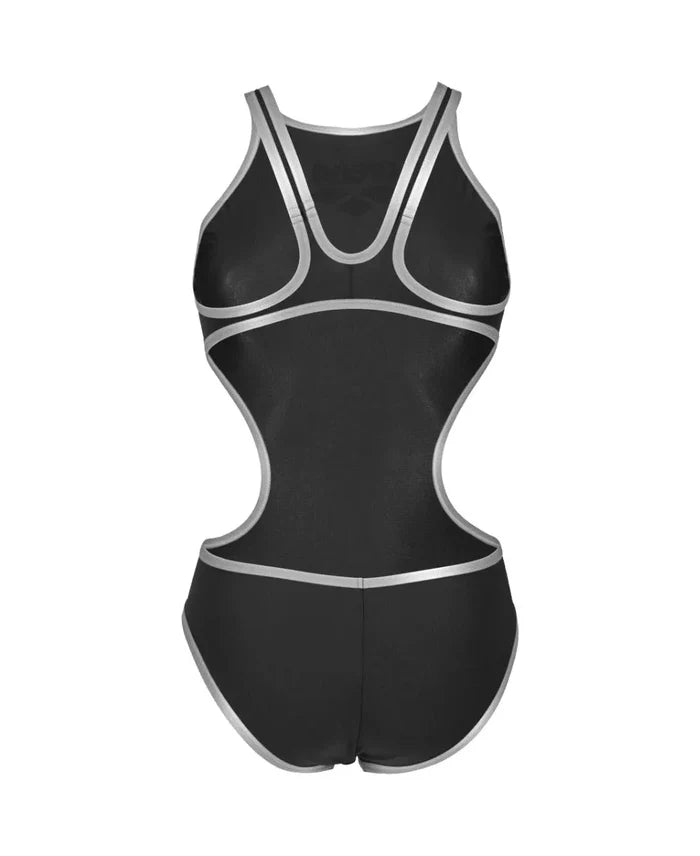 Arena women's open back swimsuit in black and silver with bold logo design, featuring a sleek one-piece style perfect for swimming.