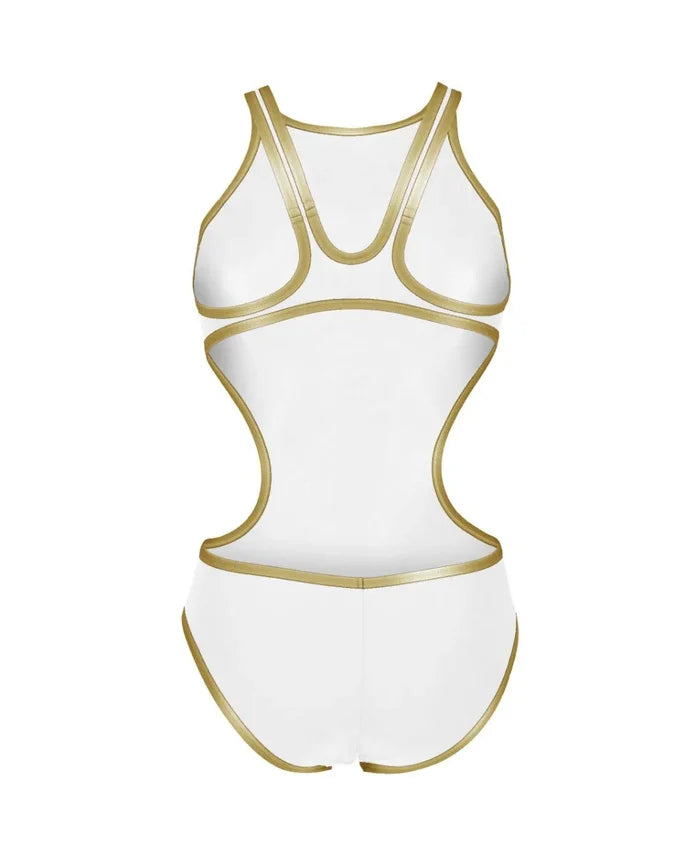 Arena women's One Biglogo swimsuit in white and gold, featuring a sleek design and prominent logo, ideal for swimming and training.
