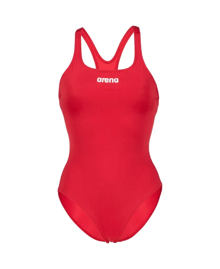 Red Arena Women's Team Swim Pro solid swimsuit, athletic one-piece design with sleek, supportive fit for competitive swimming.