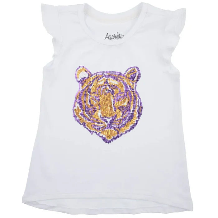 Azarhia Purple/Gold Sequin Tigers Face Angel Sleeve Shirt-White