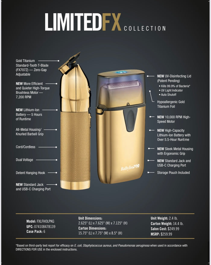 BabylissPRO Limited Edition GOLDFX Trimmer and UVFOIL Single-Foil Shaver Combo # FXLFHOLPKG - Palms Fashion Inc.