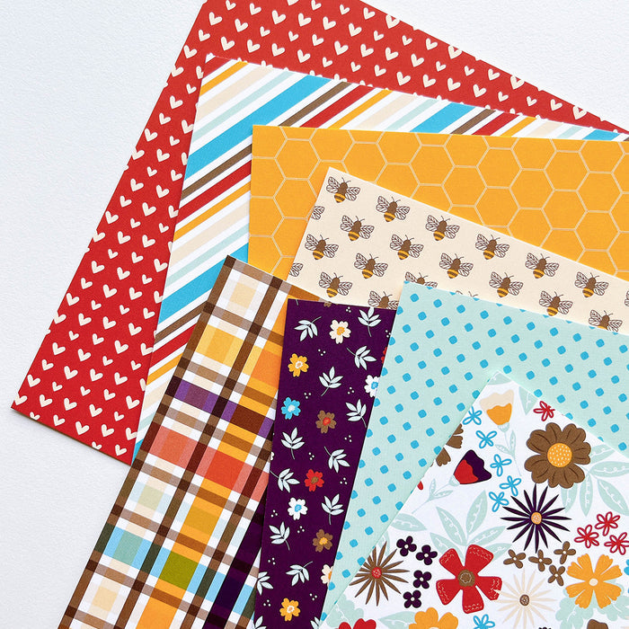 Catherine Pooler - 6x6 Patterned Paper - Bee Thankful. Add a bee-utiful touch to your cards with the Bee Thankful Patterned Paper. This pack is a lovely mix of floral and bee inspired patterns and coordinating prints. Available at Embellish Away located in Bowmanville Ontario Canada.