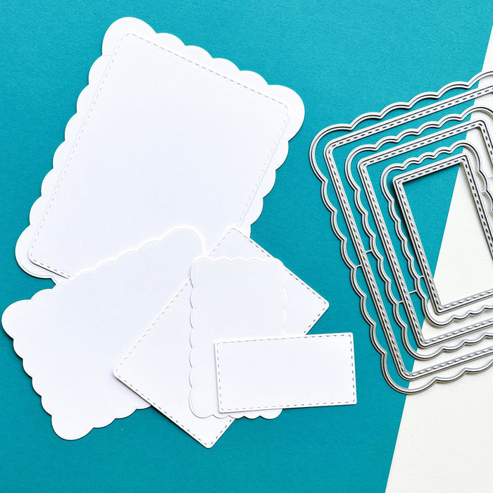 Catherine Pooler - Dies - Ruffles & Dashes. We love our nested accent dies around here and you've asked for more sets. The Ruffles & Dashes is a nesting set of wide ruffled scallop dies intermixed with rounded rectangle dies with dash embellishment. Available at Embellish Away located in Bowmanville Ontario Canada.