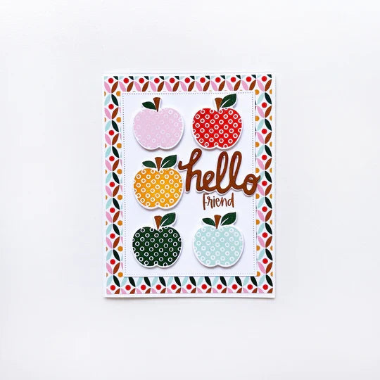 Catherine Pooler - Stamp & Die Set - Appley Ever After. An apple a day brings card making hoorays! The Appley Ever After Stamp & Die Set couldn't be any sweeter! This set features mod patterned apple stamps with all the extras! Available at Embellish Away located in Bowmanville Ontario Canada. Example by brand ambassador.