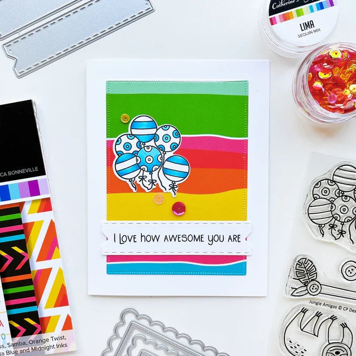 Catherine Pooler - Stamp & Die Set - Jungle Amigos. Send a jungle greeting to your friend and let them know "things are about to get wild"! The Jungle Amigos Set features a happy sloth and his toucan friend who are ready to hang out on your next card. Available at Embellish Away located in Bowmanville Ontario Canada. Example by brand ambassador.
