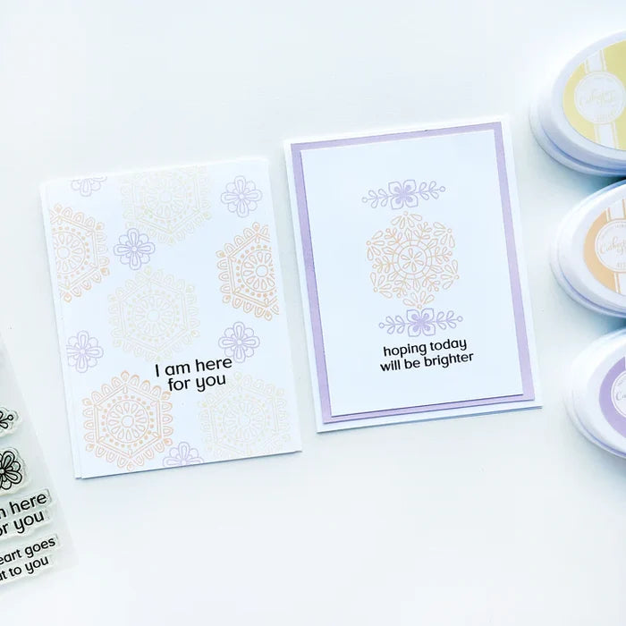 Catherine Pooler - Stamp Set - Ornamental Thoughts. The line art medallions and sentiments in the Ornamental Thoughts Stamp Stamp Set pair perfectly with the Peace in Flight Stamp Set featuring ornately decorated dove and swan stamps to grace your cards. Available at Embellish Away located in Bowmanville Ontario Canada. Card example by brand ambassador.