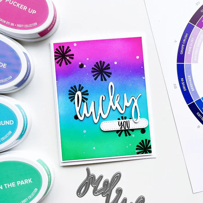 Catherine Pooler - Word Die - Lucky. Use your Lucky Word die to mix and match for some great cards. It's your LUCKY day when you can create! Illustrated by Traci Reed. Available at Embellish Away located in Bowmanville Ontario Canada. Card example by brand ambassador.