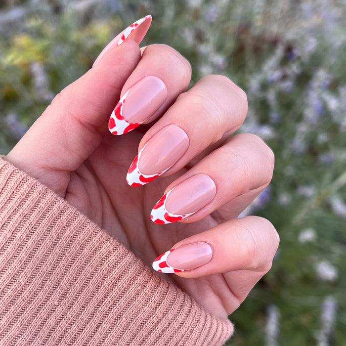 Cheetah French - Press-On | Long | Almond showing hand with long almond nails featuring red cheetah print french tip manicure