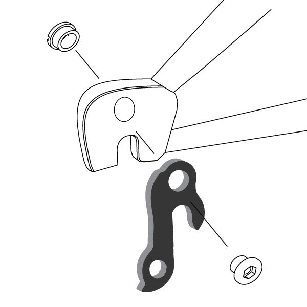 Hanger #41 attaches to the rear dropout from the outside or derailleur side using one M8 chainring bolt.