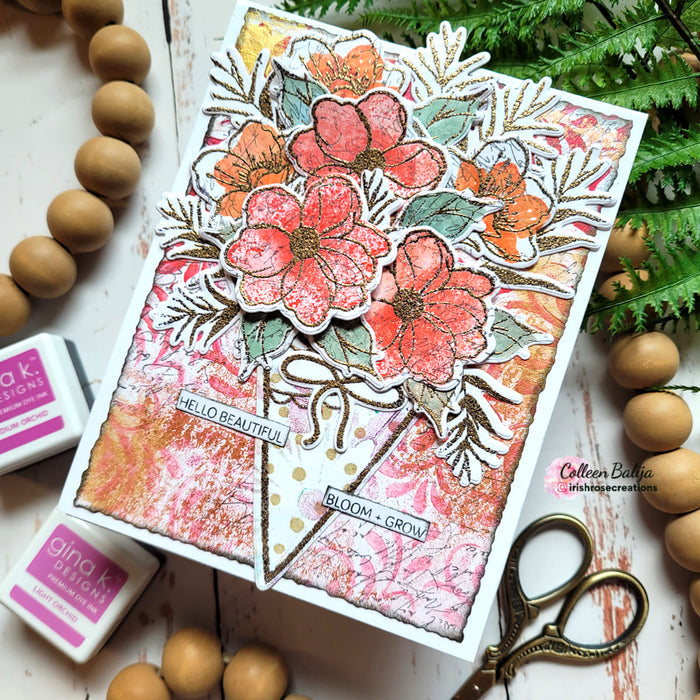 Gina K. Designs - Stamp & Die Set - Beauty In Everything. Beauty in Everything is a stamp and die set by Lisa Hetrick. This set is made of premium clear photopolymer and measures 6" X 8". Made in the USA. Available at Embellish Away located in Bowmanville Ontario Canada. Example by brand ambassador.