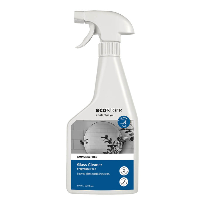 A white spray bottle labeled 'ecostore Glass Cleaner' with a blue and grey design featuring images of glass and mirrors, indicating it is intended for cleaning purposes.