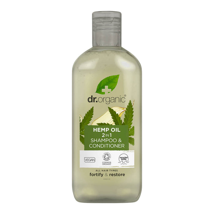 265 bottle Dr. Organic Hemp Oil 2-in-1 Shampoo & Conditioner with bilberry extract, made with natural ingredients.