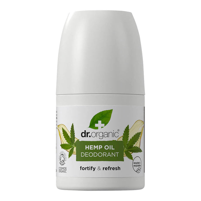 50ml bottle Dr. Organic Hemp Oil Roll-On Deodorant, aluminium free, vegan, and cruelty free formula.