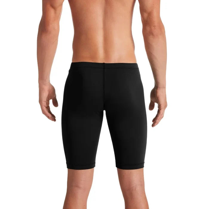 Nike men's Hydrastrong solid jammer in black, featuring a sleek swimwear design with elastic waistband and durable fabric.