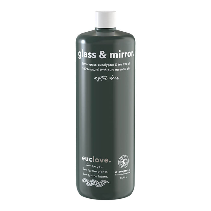 1L refill bottle of Euclove Natural Glass & Mirror Cleaner with lemongrass, eucalyptus, and tea tree oil.