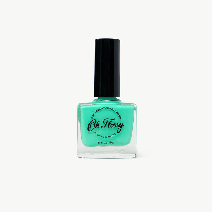 Oh Flossy Nail polish bottle for kids with black cap and green nail polish