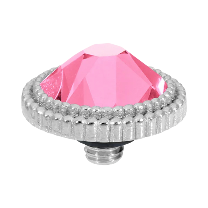 Pink gemstone with silver decorative border on a white background