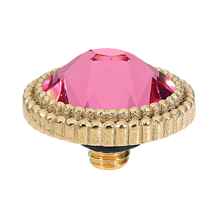 QUDO Flat Faber Top Gold, QUDO pink crystal collection, interchangeable jewelry, gold crystal topper, pink crystal jewelry, QUDO topper, interchangeable ring topper, stackable jewelry, Swarovski crystal jewelry, luxury fashion jewelry, gold and pink jewelry, collectible jewelry, boutique jewelry, interchangeable bracelet topper, feminine jewelry, crystal statement jewelry, QUDO jewelry collection