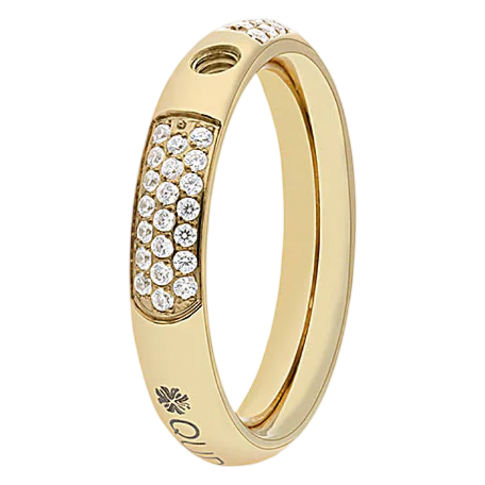 Gold ring with embedded diamonds on a white background