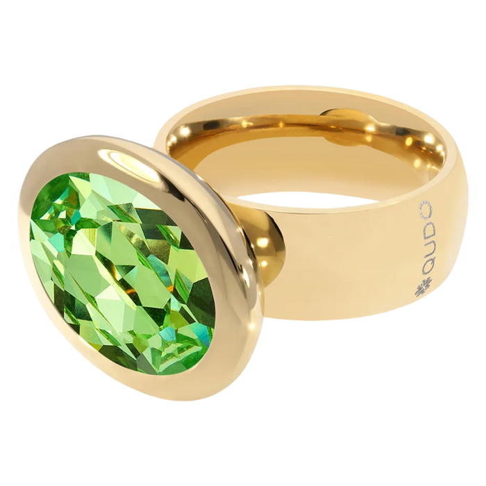 QUDO Tivola ring, peridot statement ring, green crystal ring, oval statement ring, QUDO statement ring, stainless steel ring, bold fashion ring, colorful crystal ring, women’s statement jewelry, oversized ring, green gemstone look ring, fashion cocktail ring, QUDO jewelry, elegant statement ring, modern jewelry ring