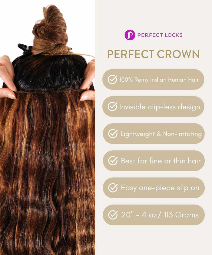 A person holds Relaxed Straight Perfect Crown Hair Extensions by Perfect Locks; 100% Indian hair, clip-less, lightweight, 20", 4 oz.