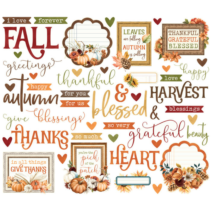 Simple Stories - Sentiment Bits & Pieces - Simple Vintage Autumn Breeze. 49 Die Cut Cardstock Pieces. At Embellish Away in Bowmanville Ontario Canada.