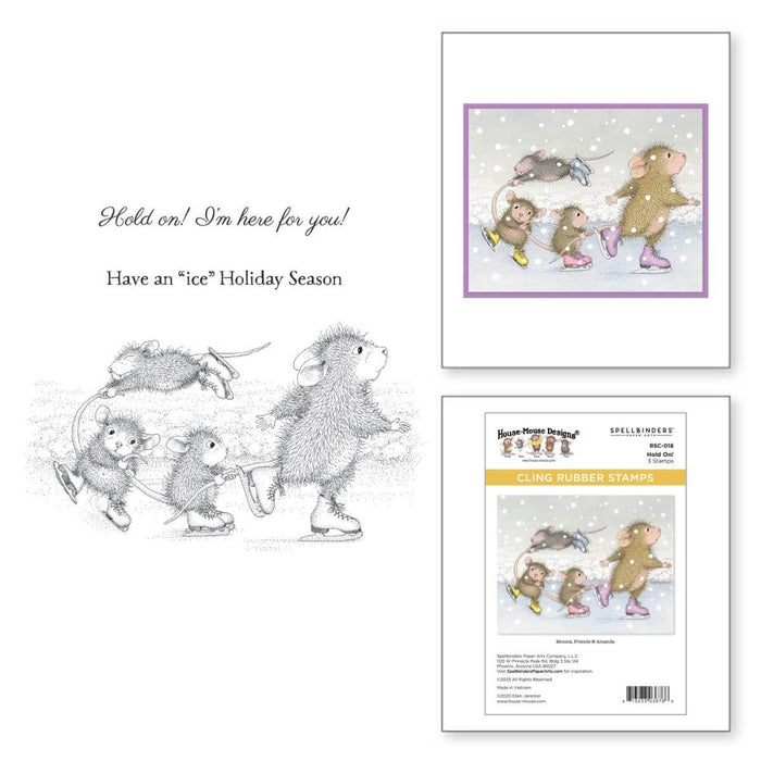 Spellbinders - House Mouse - Cling Rubber Stamp - Hold On! Hold On! Cling Rubber Stamp Set from House-Mouse Designs Holiday Collection with a set of three stamps. A playful group of mice on ice is so adorable! Available at Embellish Away located in Bowmanville Ontario Canada.