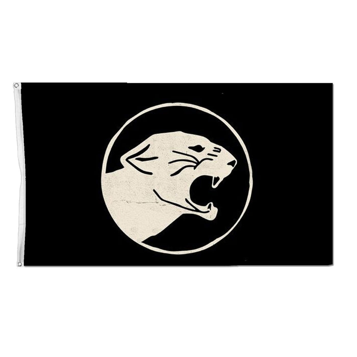 This 3X5 flag by Taking Back Sunday features a white, roaring pantherโs head inside a bold white circle on a plain black background.