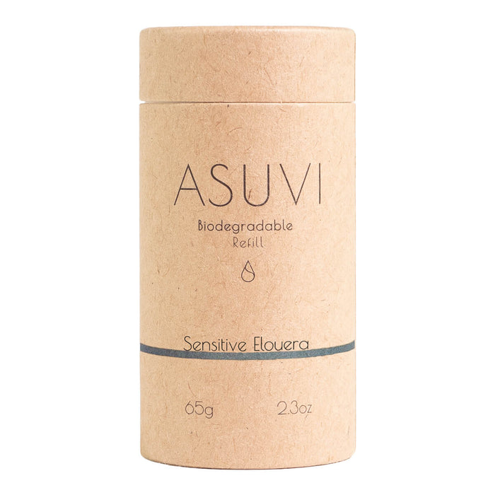 Biodegradable refill container with 'ASUVI' branding on a white background