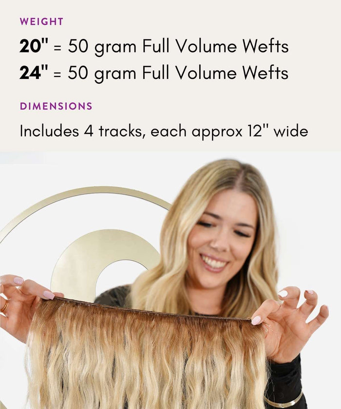 A smiling woman holds a long, wavy hair extension weft. Text highlights 20” and 24” full volume Remy wefts, each 50 grams.