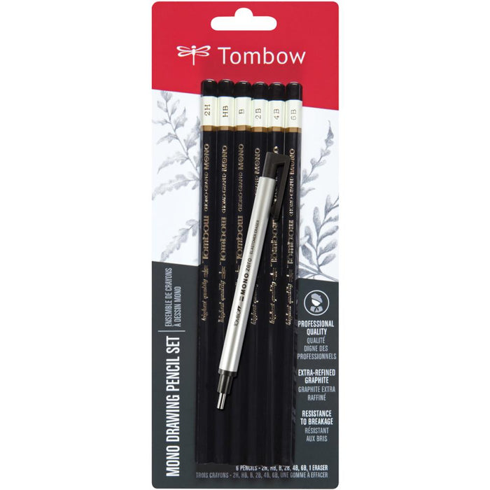 Tombow - MONO Drawing Pencils 6/Pkg & Eraser Set - 2H, HB, B, 2B, 4B & 6B