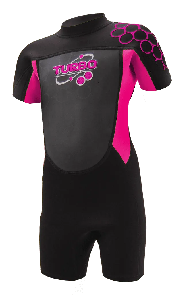 TWF Kids Turbo 2.5mm shortie wetsuit in black and pink, designed for children aged 7-8, for water sports and swimming.