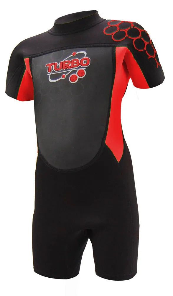 TWF Kids Turbo 2.5mm shortie wetsuit in black and red, designed for children ages 7-8, with a snug fit and flexible material.