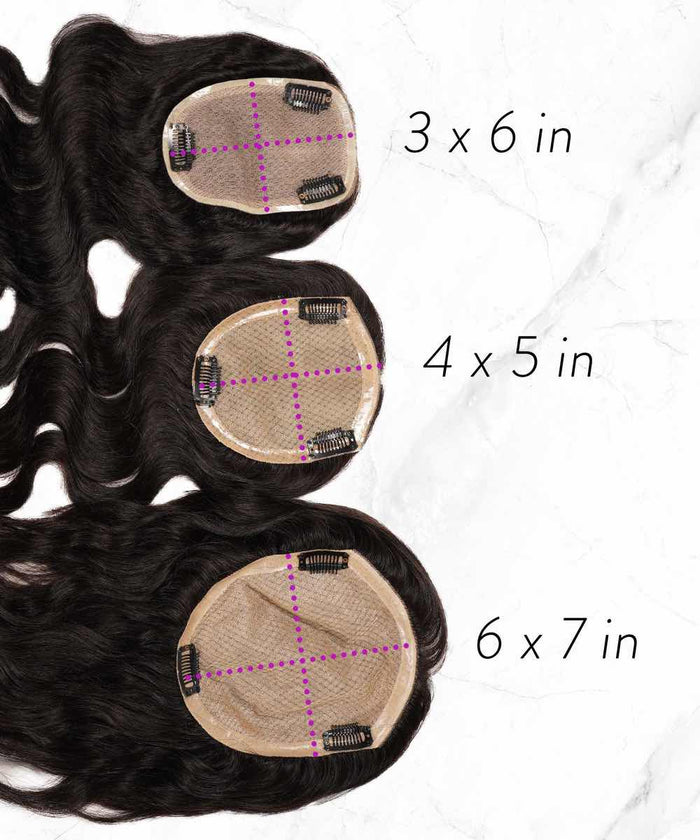 Three wavy hair toppers in base sizes 3x6, 4x5, and 6x7 inches on a white background with mesh bases, clips, and purple dashed lines marking dimensions.