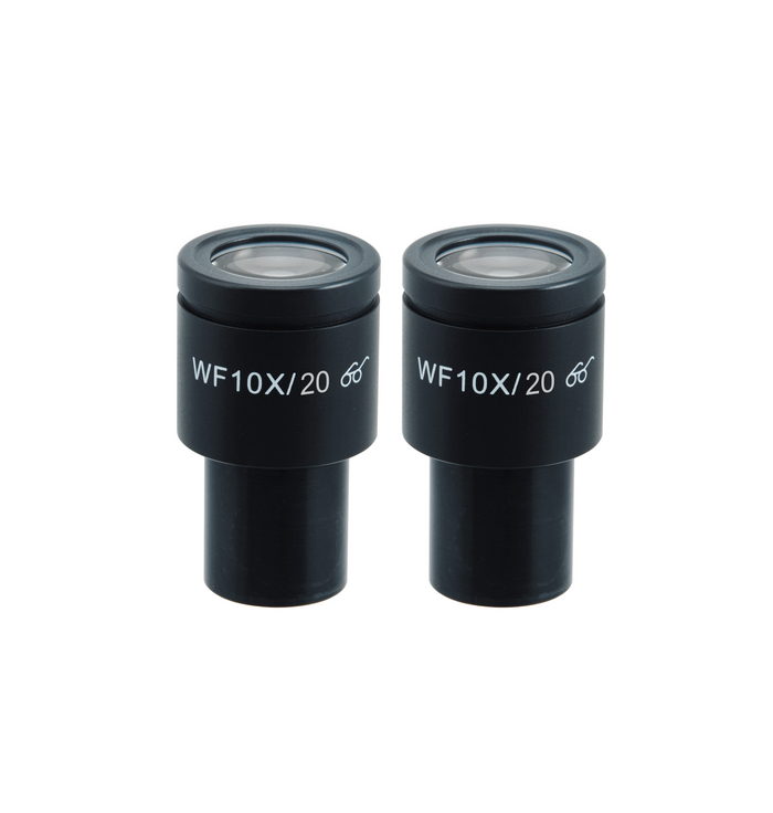 WF 10X Widefield Microscope Eyepieces, High Eyepoint, 23.2mm, FOV 20mm (Pair), SKU BM03012212, three quarter front view