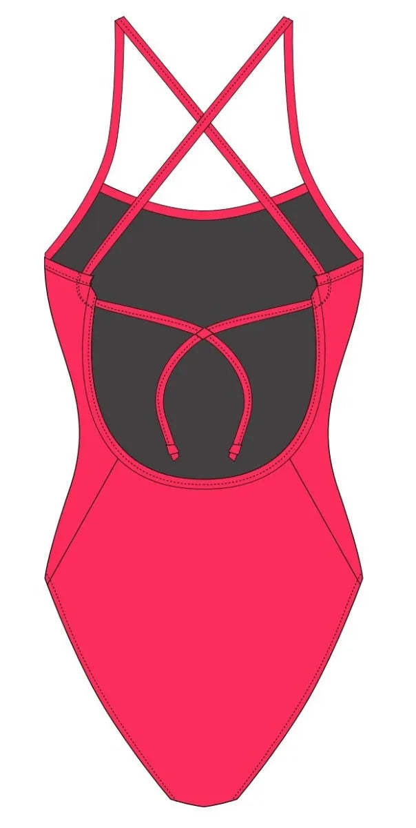 Women's AK Tieback Swimsuit in Neon Cherry showing vibrant color and stylish tieback design.
