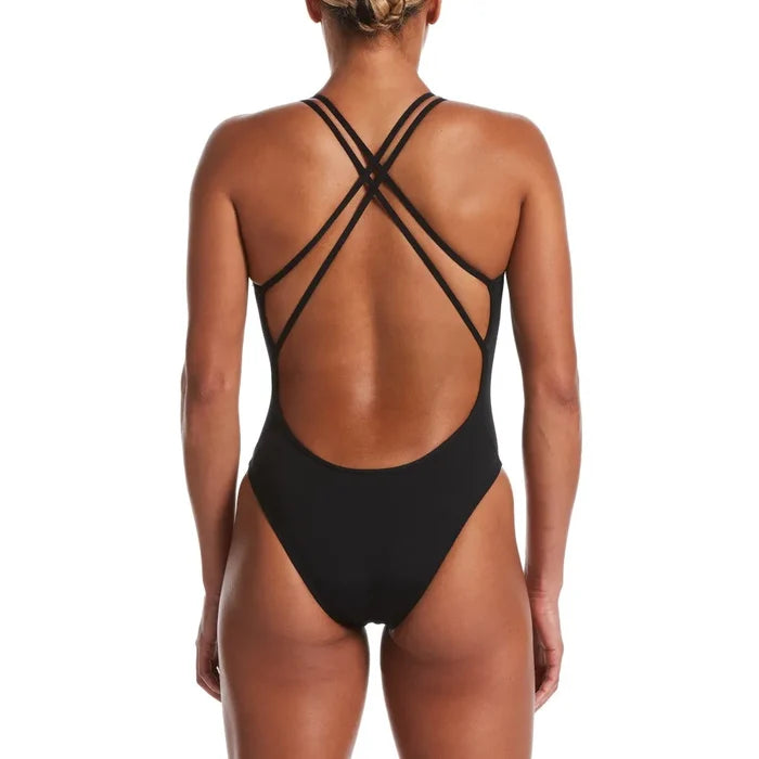 Nike women's black poly solid spider back one-piece swimsuit with a sleek, fitted design perfect for swimming and beach activities.