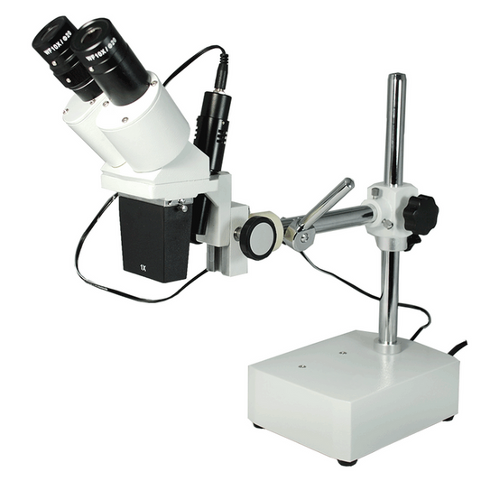 10X Widefield Stereo Microscope, Binocular, Single Arm Boom Stand with Arbor, LED Top Light, SKU FS12060123, three quarter front view