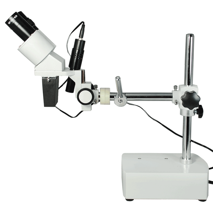 10X Widefield Stereo Microscope, Binocular, Single Arm Boom Stand with Arbor, LED Top Light