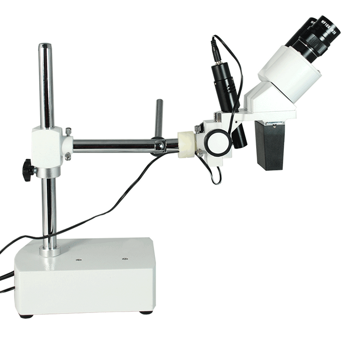 10X Widefield Stereo Microscope, Binocular, Single Arm Boom Stand with Arbor, LED Top Light