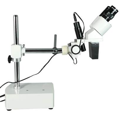 10X Widefield Stereo Microscope, Binocular, Single Arm Boom Stand with Arbor, LED Top Light
