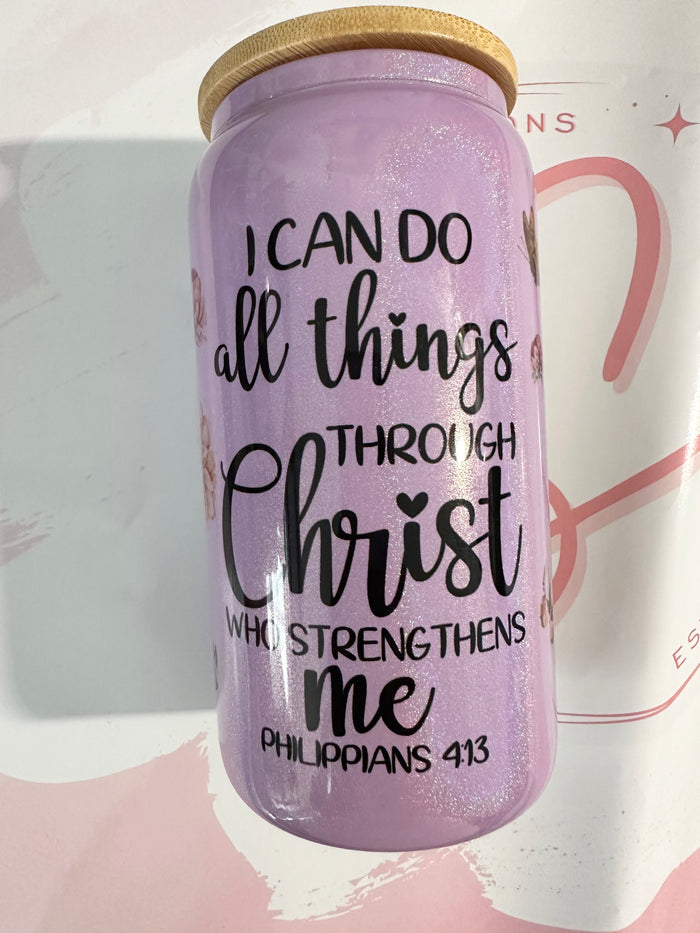 16oz Butterfly Scripture Colored Glass Can