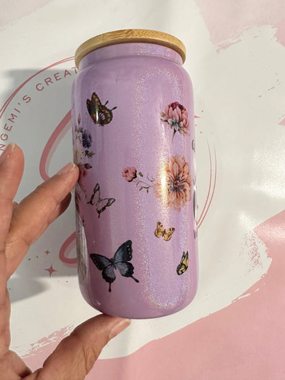 16oz Butterfly Scripture Colored Glass Can