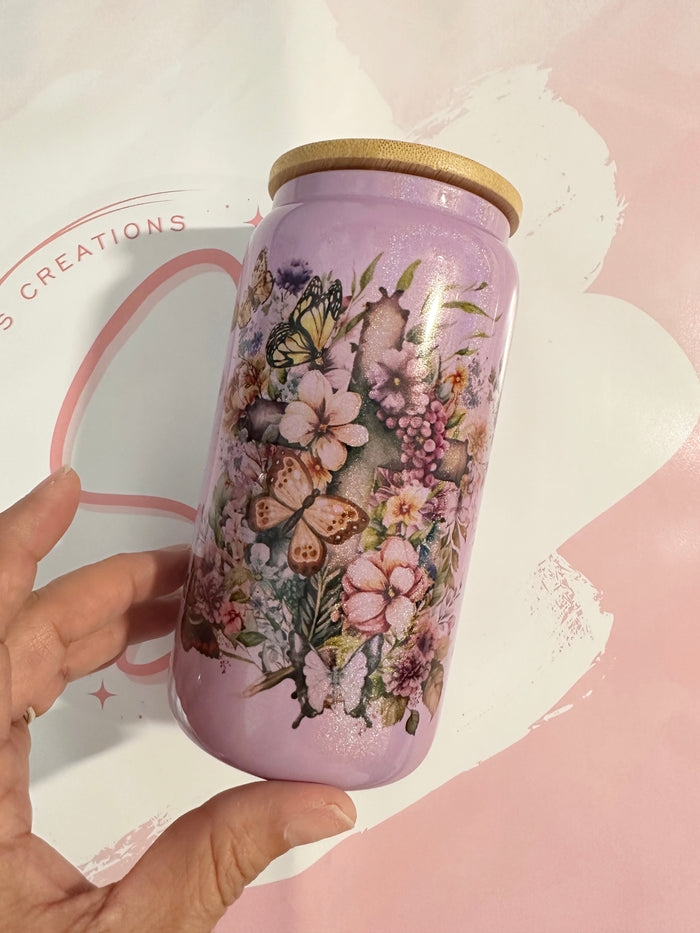 16oz Butterfly Scripture Colored Glass Can