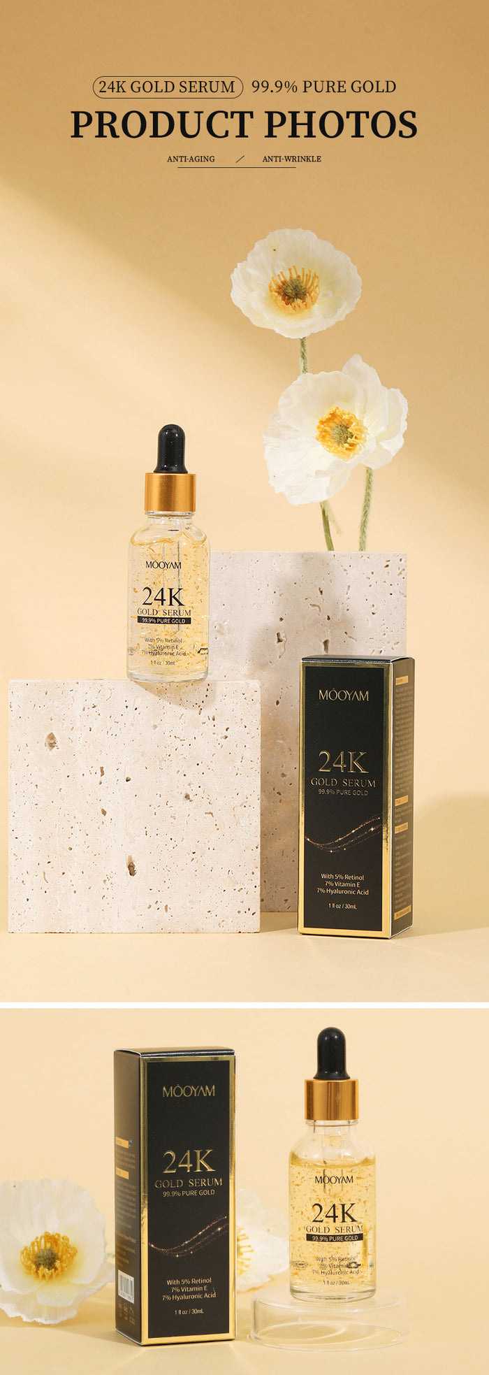 24K Gold Foil 30mL Vitamin E Retinol Anti-Wrinkle Lifting Face Serum