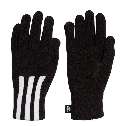Black Adidas 3-Stripes Conductive Gloves, designed for warmth and touchscreen use, shown on a model's hands.