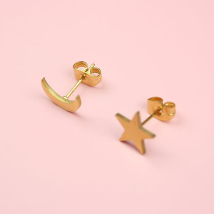 Star & Crescent Moon Stud Earrings (Gold Plated)